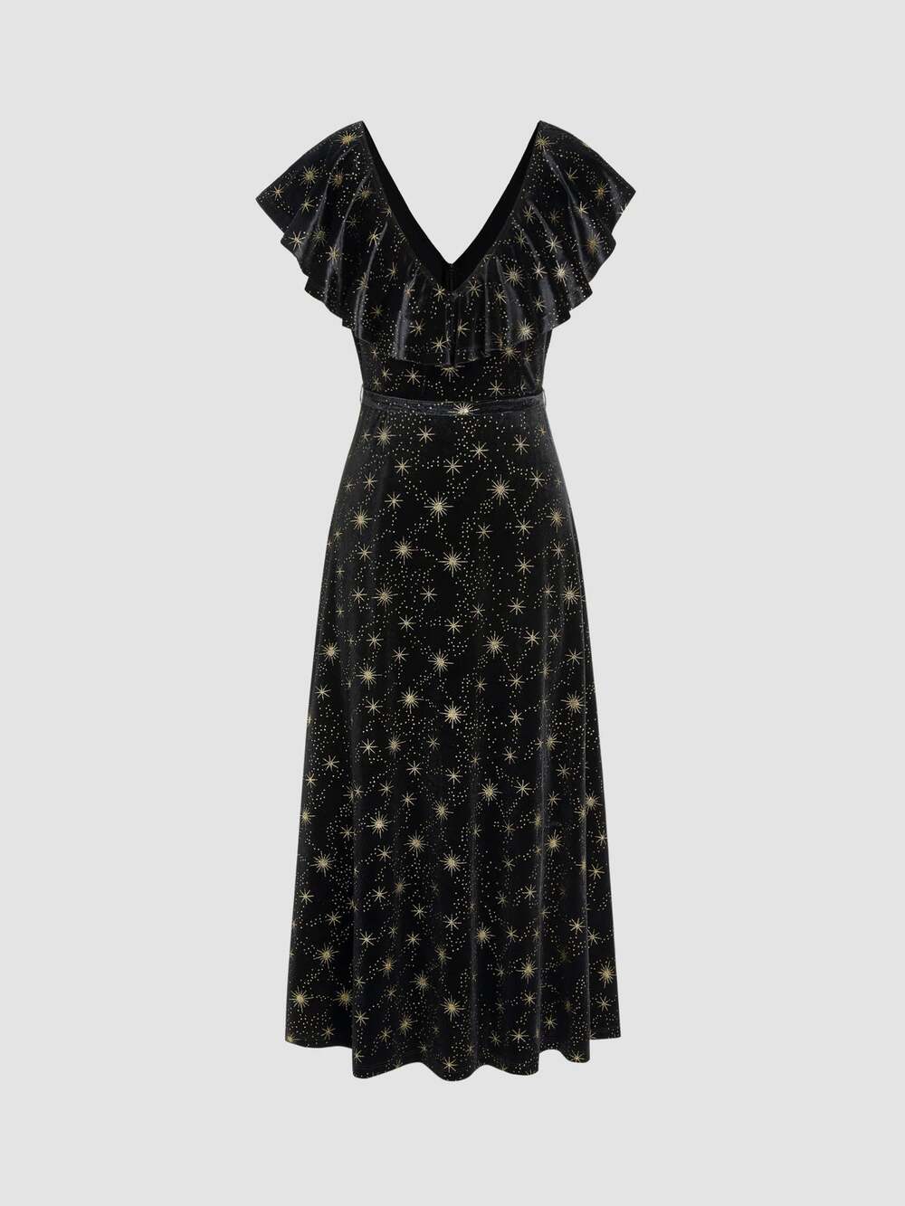 Cider Velvet V-neck Star Ruffle Tie Back Midi Dress - Medium
